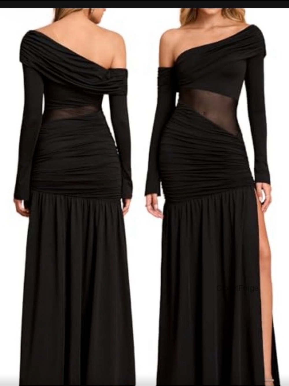 Off-Shoulder Black Evening Maxi Dress with Sheer Waist